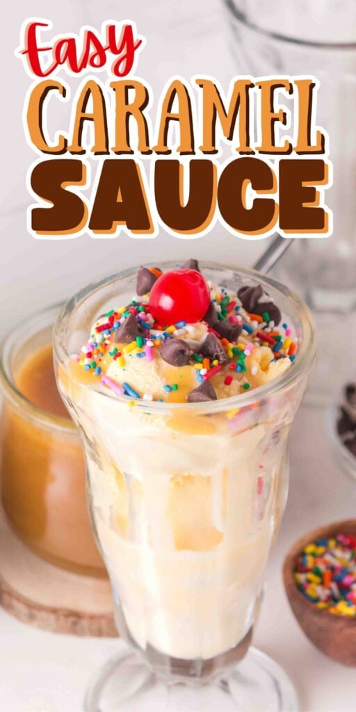 Vanilla ice cream sundae with caramel sauce, sprinkles, and a cherry on top.