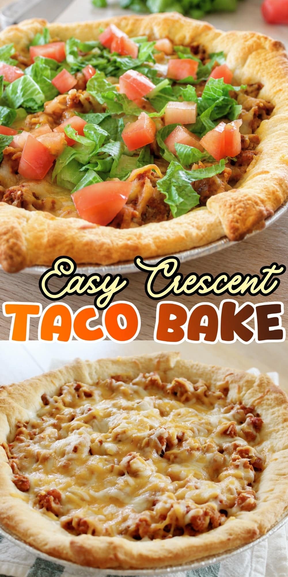 Two taco bakes: one topped with lettuce and tomato, one with melted cheese only.