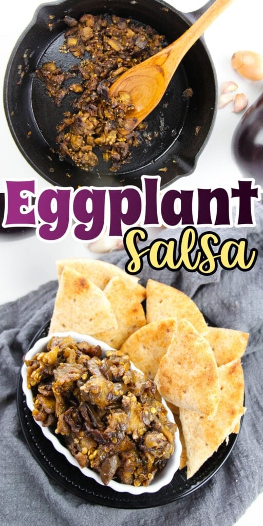 Eggplant salsa in a bowl with pita chips, skillet, and ingredients nearby.