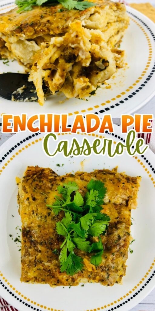 Two slices of enchilada pie casserole on white plates, garnished with cilantro.