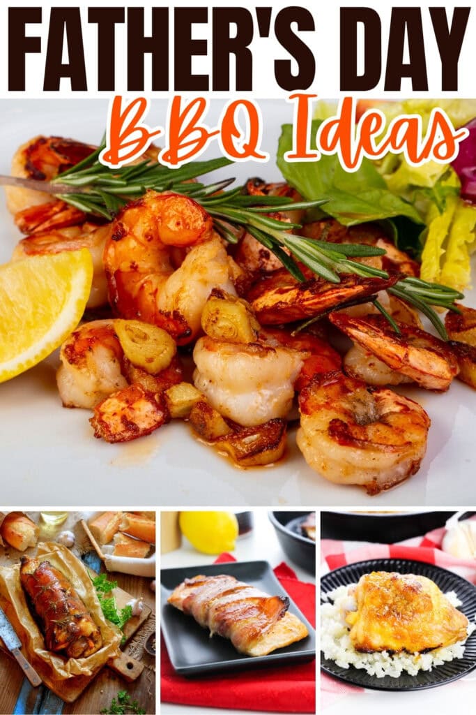Grilled shrimp and chicken dishes, garnished with lemon and rosemary.