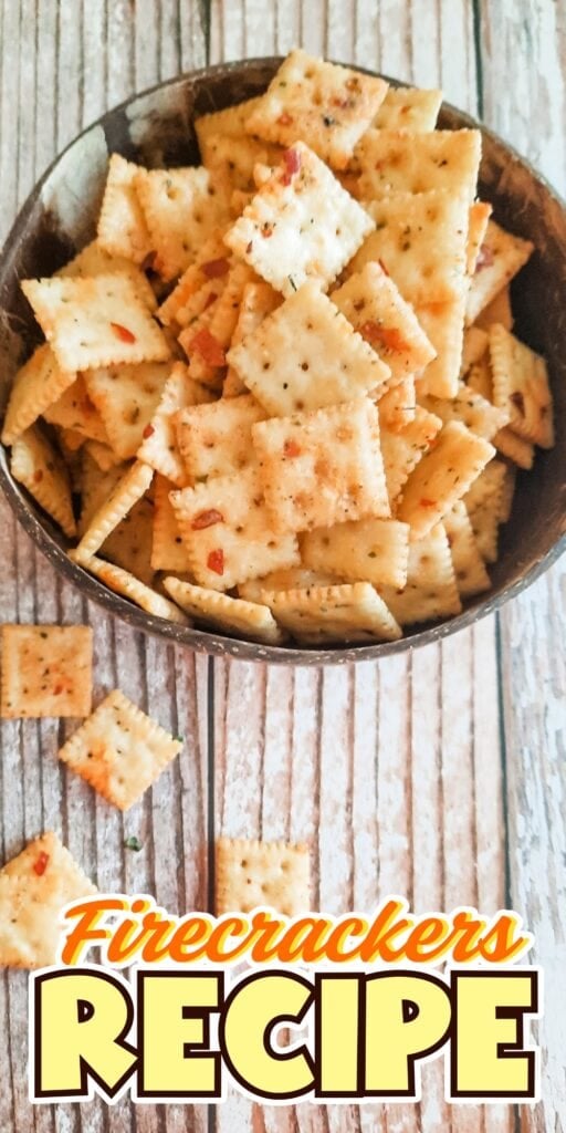 Bowl of seasoned crackers on a wooden surface.