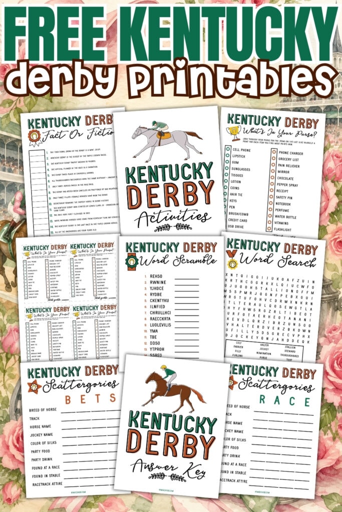 Kentucky Derby printable activity sheets and games with horse racing themes.