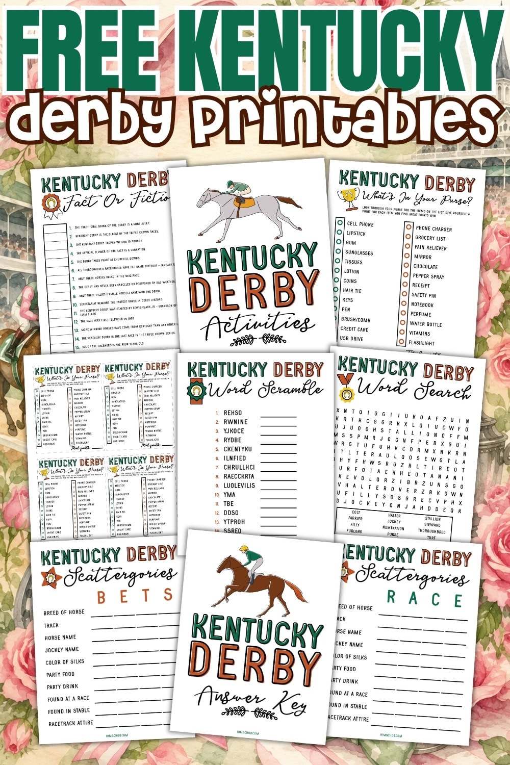 Kentucky Derby printable activity sheets and games with horse racing themes.
