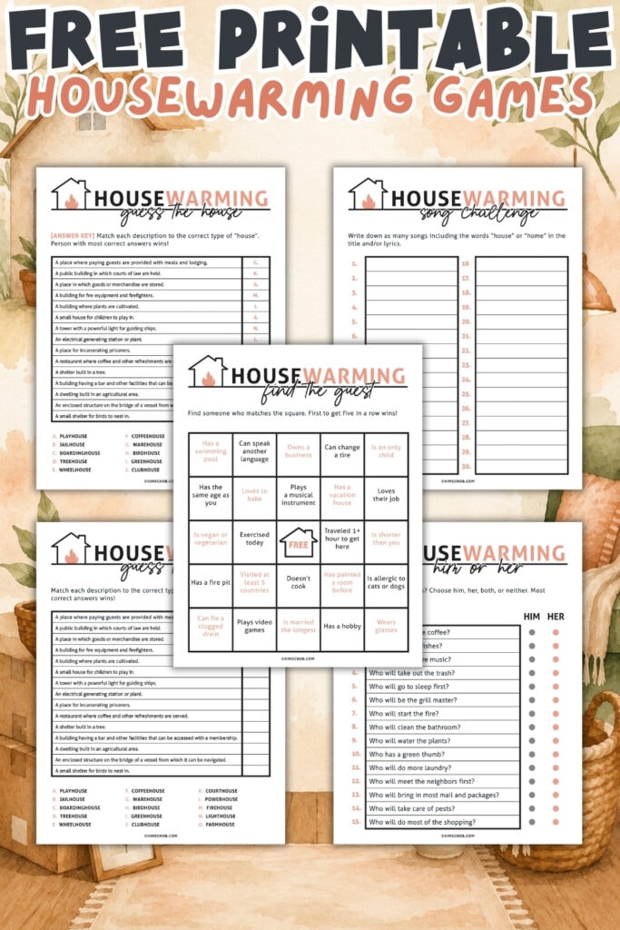 Five printable housewarming games sheets displayed on a decorative background.