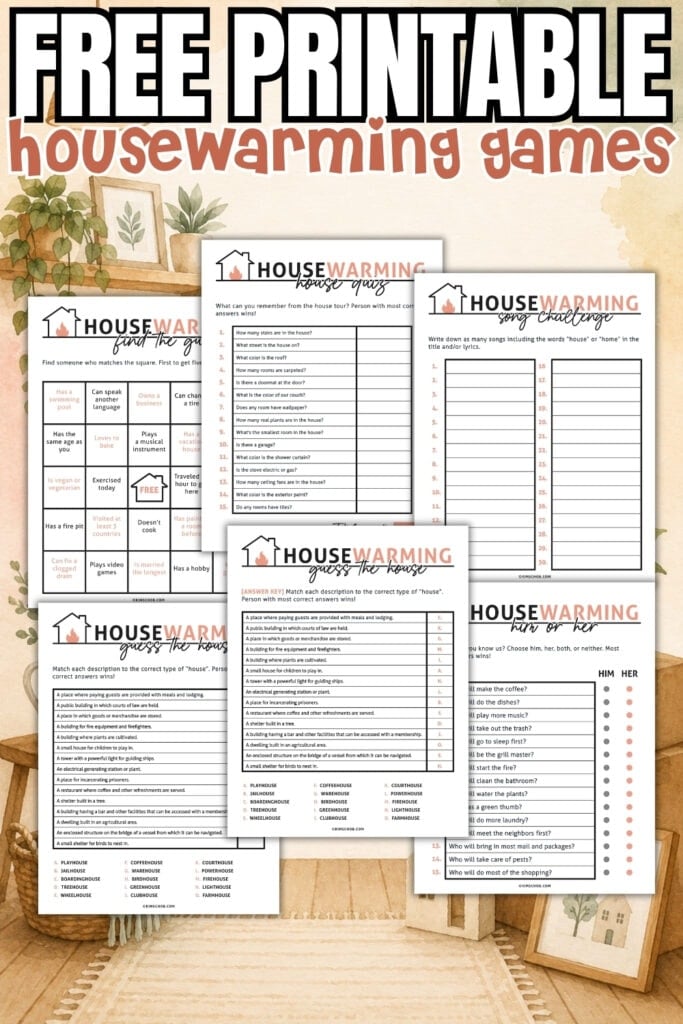 Six printable housewarming games pages on a cozy home-themed background.
