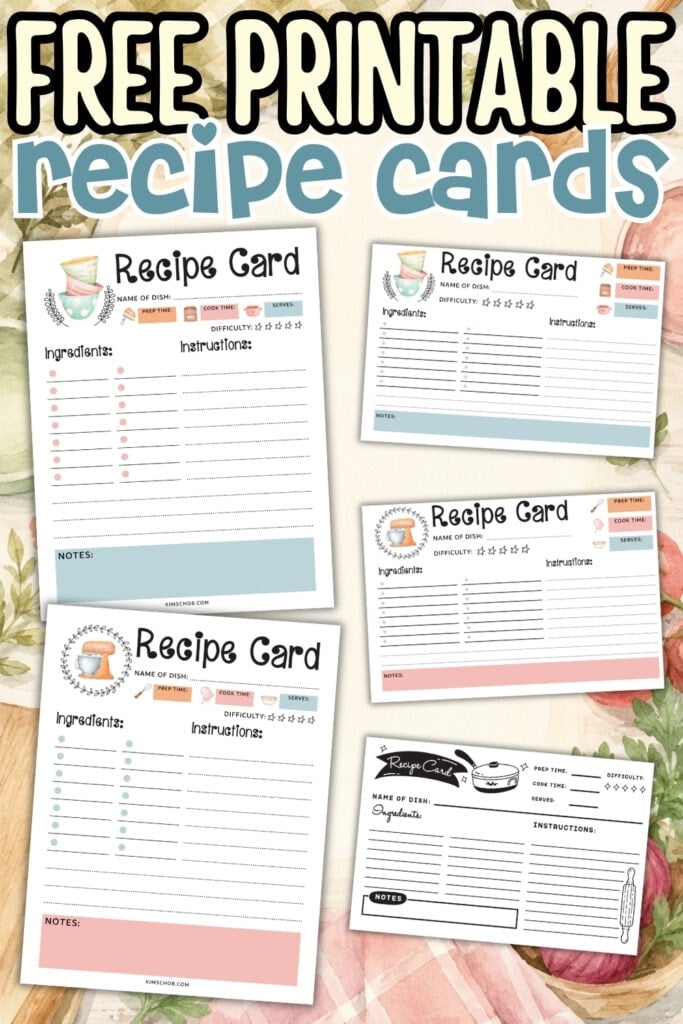 Free printable recipe cards in cute designs, great for organizing recipes.