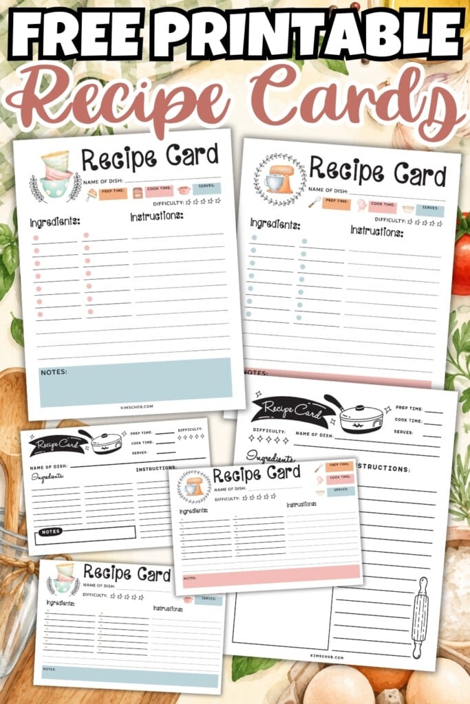 Free printable recipe cards with space for ingredients, instructions, and notes.