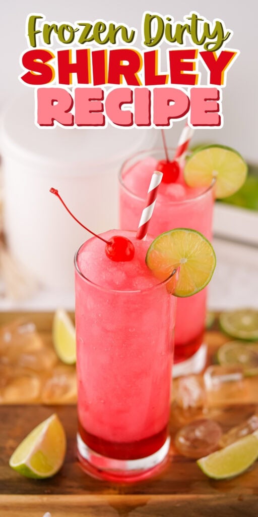 Two pink frozen drinks with cherries, lime slices, and striped straws.