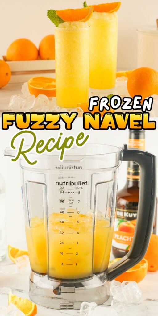 Two tall glasses of frozen orange drink with oranges, ice, and a blender nearby.