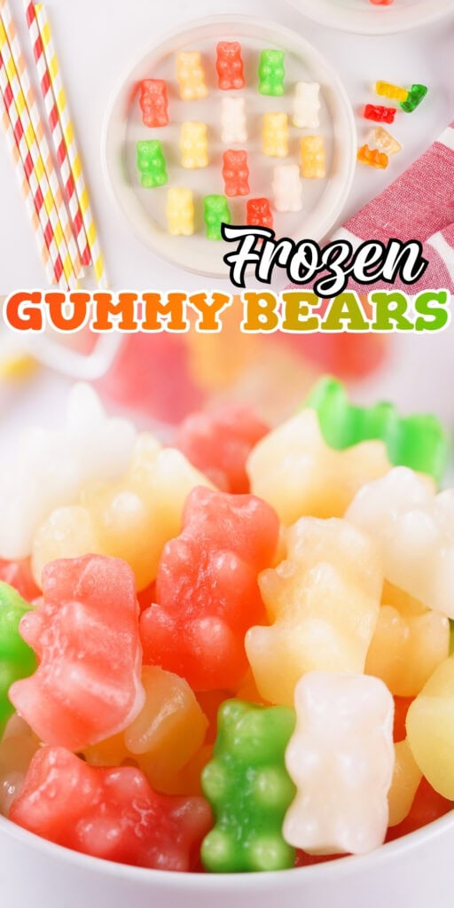 A bowl of colorful frozen gummy bears with straws and napkin nearby.