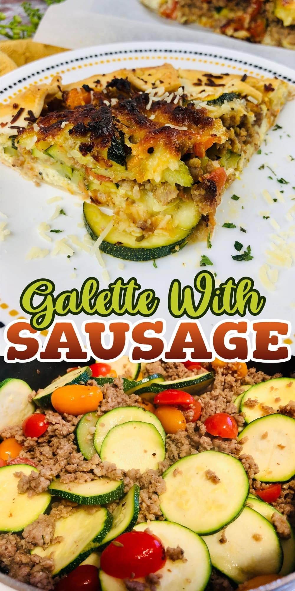 A slice of sausage galette and a skillet with sausage, zucchini, and tomatoes.