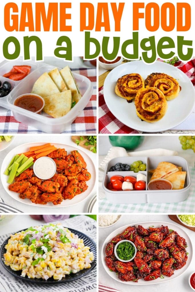 Ggame day foods like wings, pinwheels, and snacks.
