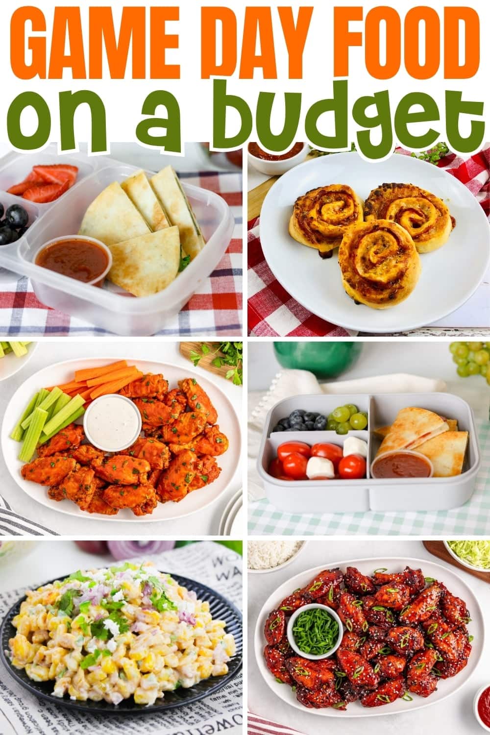Ggame day foods like wings, pinwheels, and snacks.