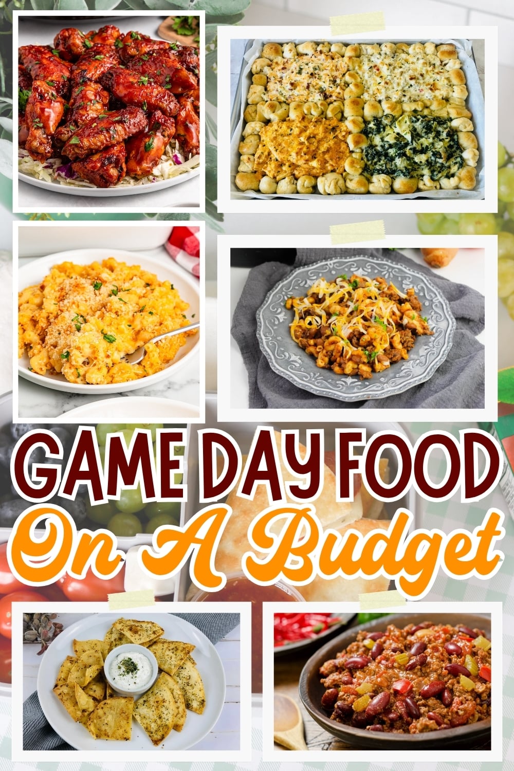 Game day foods like wings, pasta, nachos, and chili.