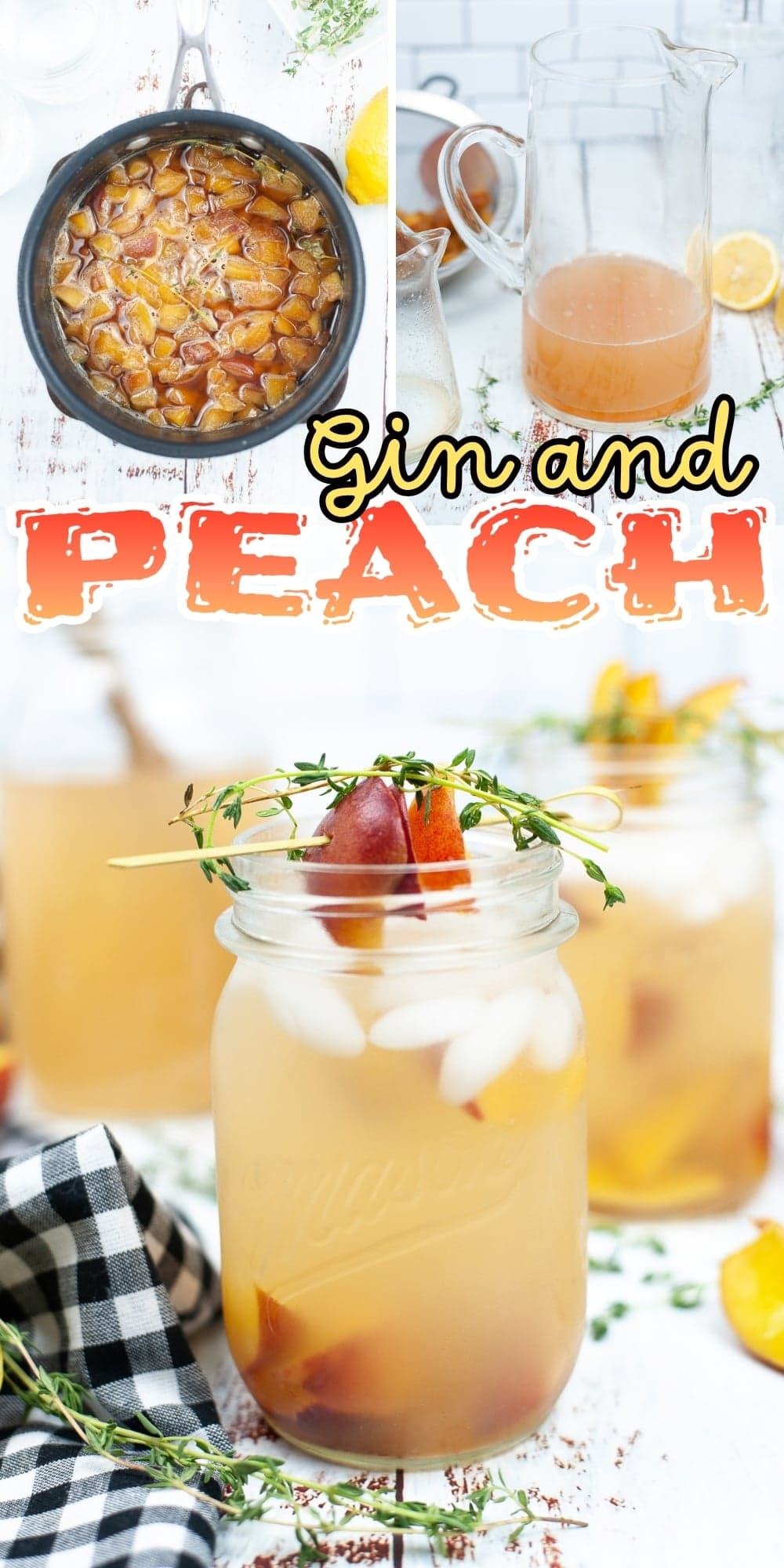 A mason jar of peach gin cocktail with ice, thyme, and peach garnish.