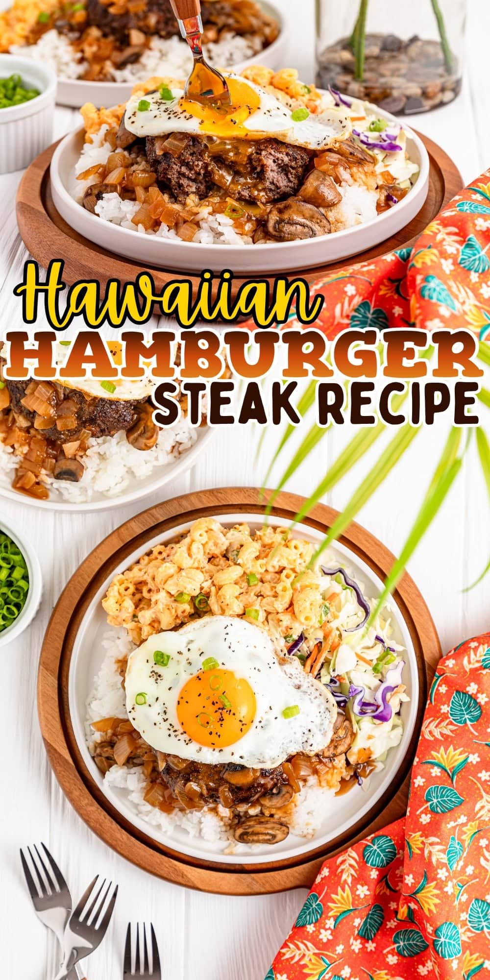 Plates of Hawaiian hamburger steak with rice, egg, macaroni salad, and gravy.