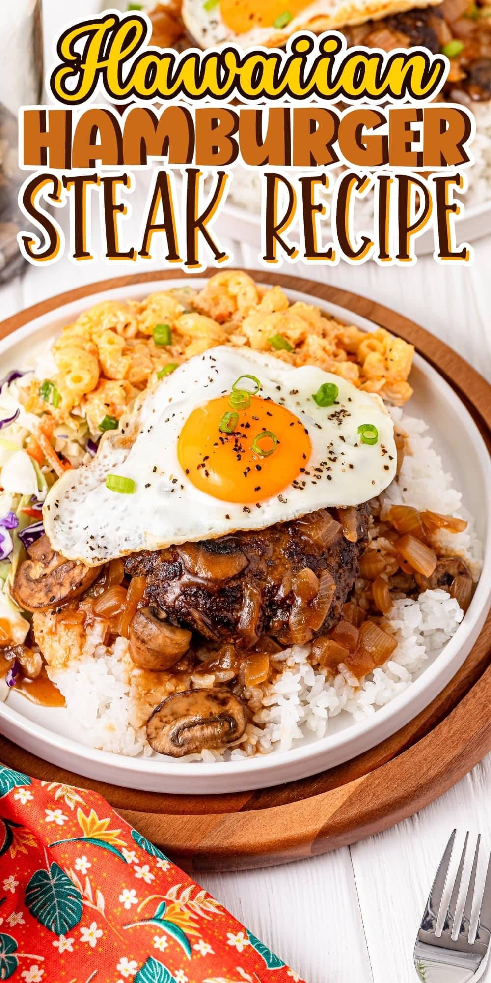 Hawaiian Hamburger Steak Recipe: Rice, burger, gravy, egg, mushrooms, and sides.