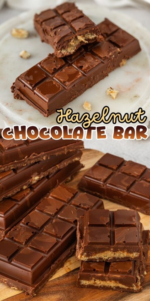 Chocolate bars with hazelnut filling stacked on a marble and wooden board.
