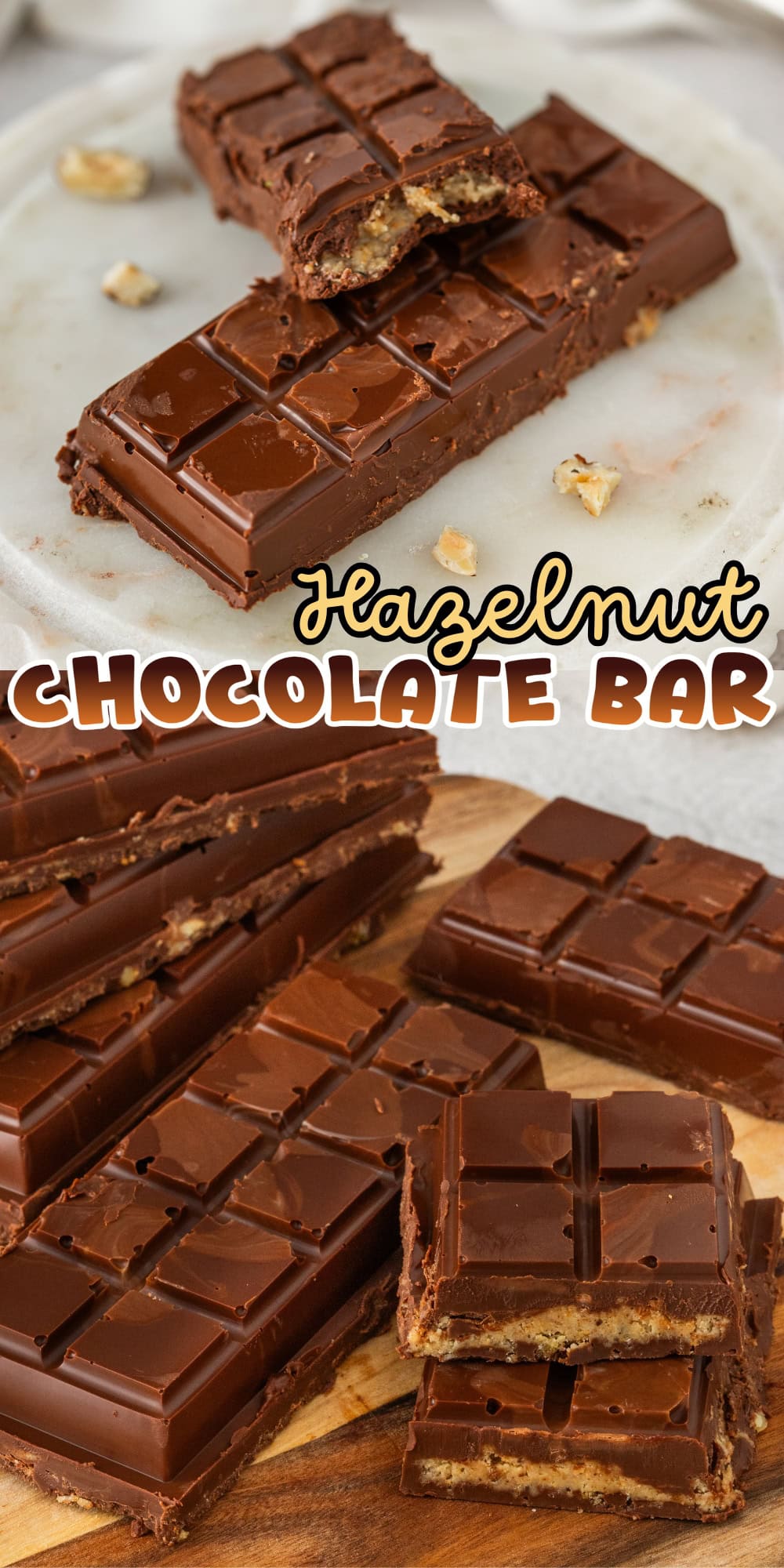 Chocolate bars with hazelnut filling stacked on a marble and wooden board.