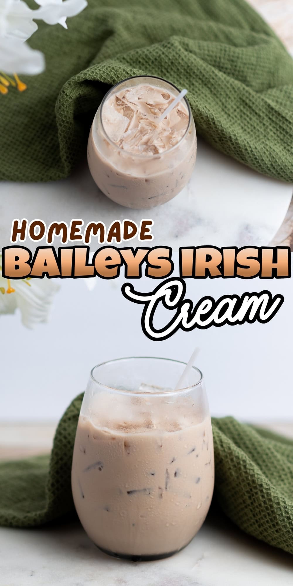 Iced Baileys Irish Cream in a glass with a green cloth.