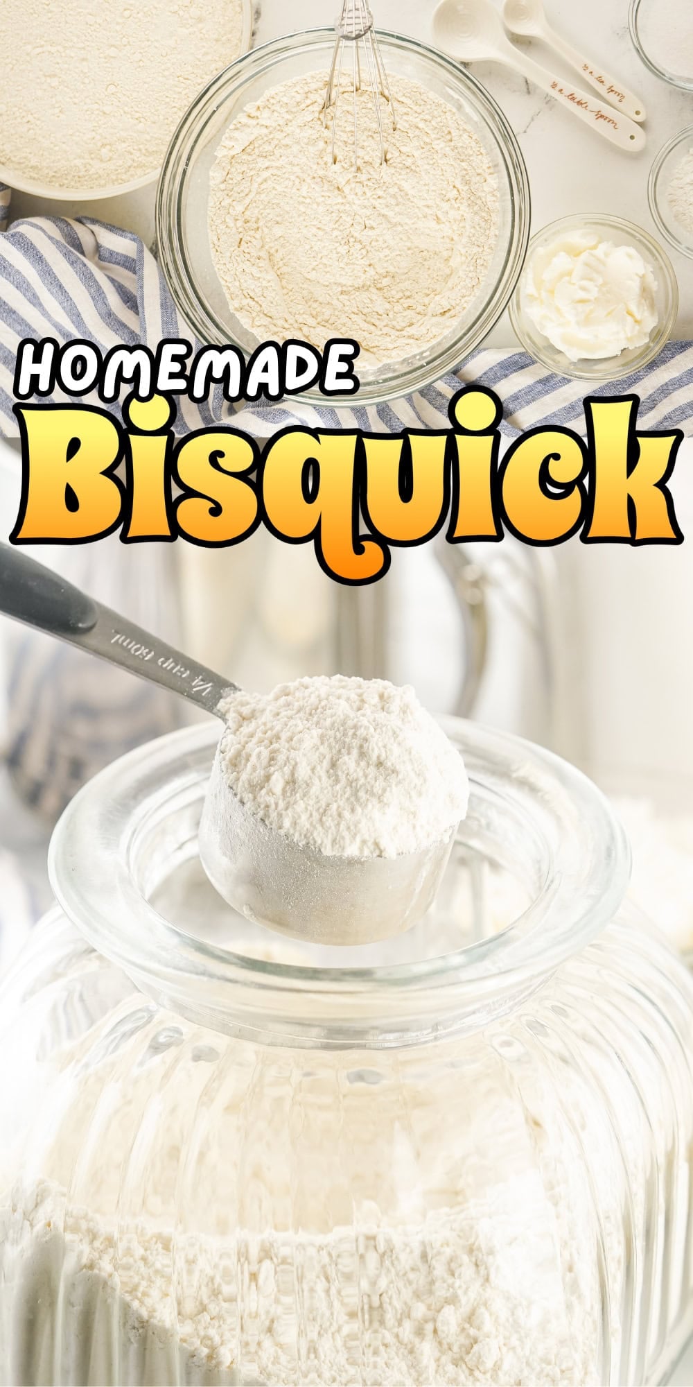 Bowl of flour, measuring spoons, and a scoop of baking mix.