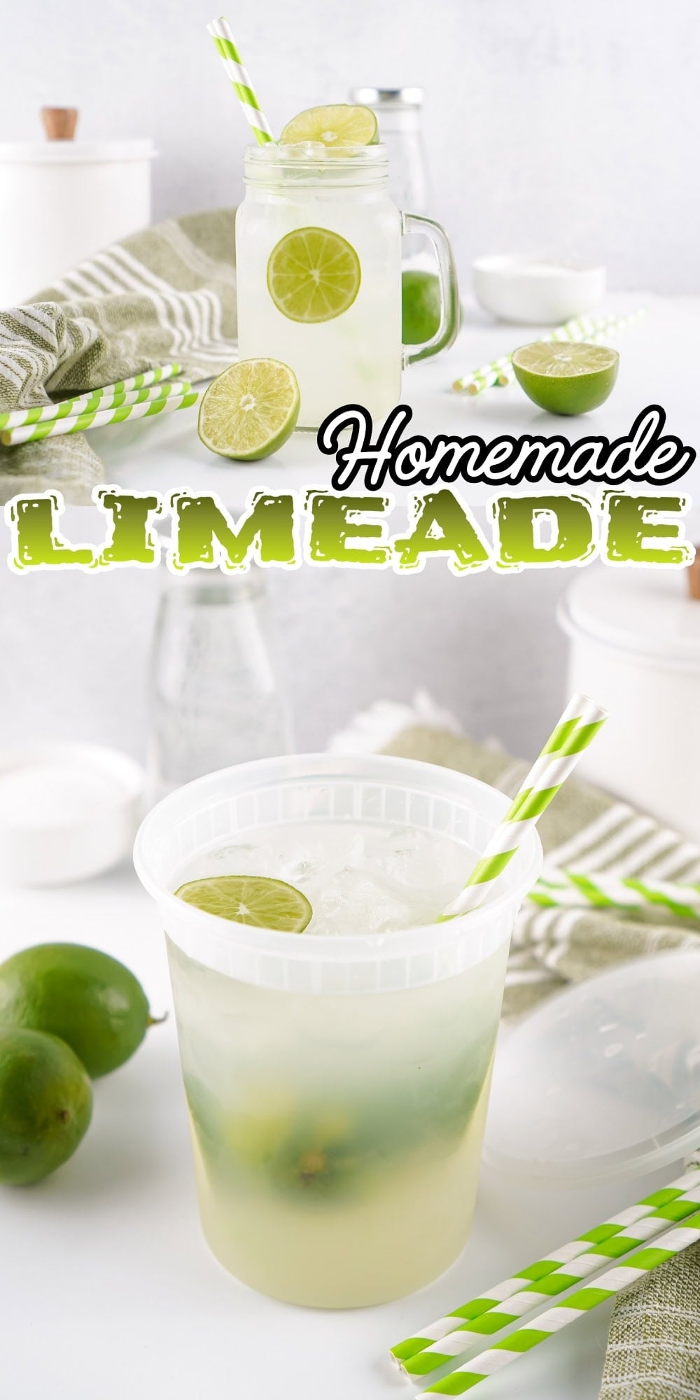 Two cups of limeade with lime slices and striped straws on a white table.
