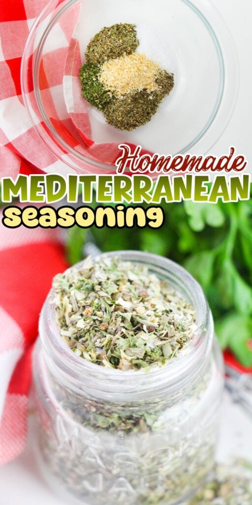 Glass bowl with dried herbs and a jar filled with Mediterranean seasoning mix.