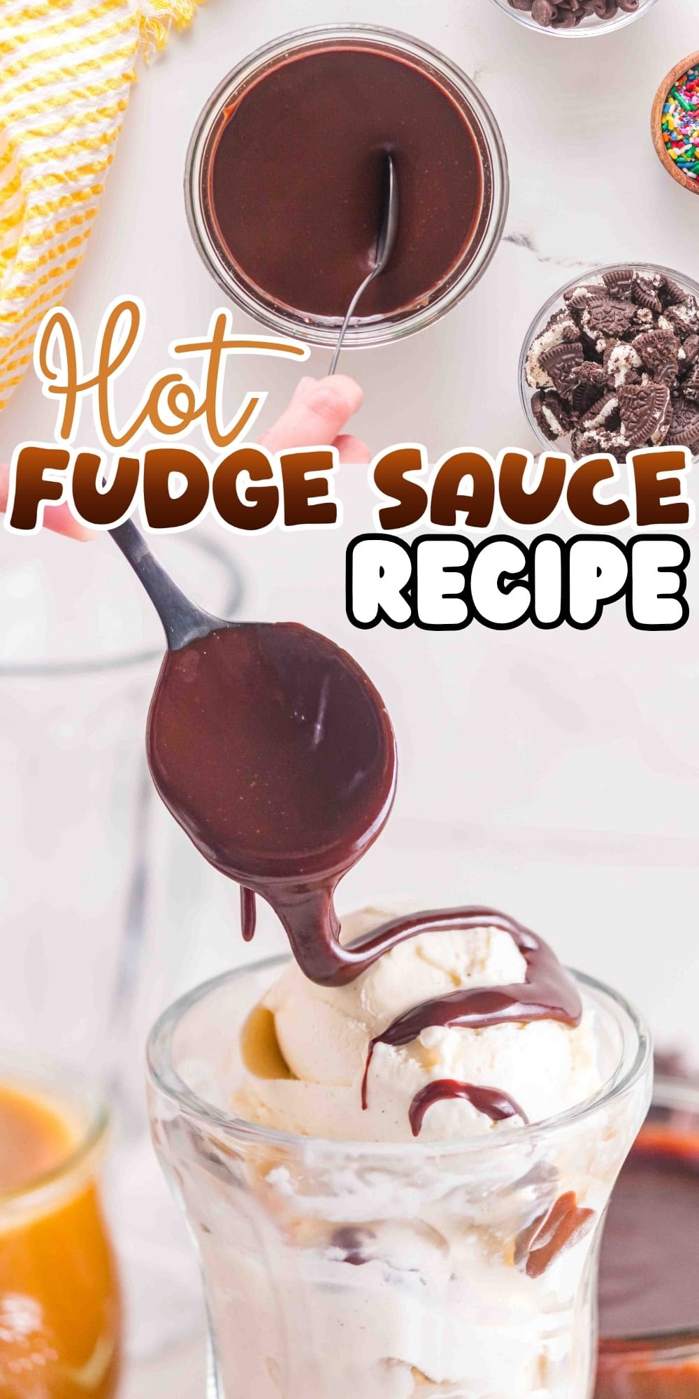 Hot fudge sauce being poured over vanilla ice cream in a glass dish.