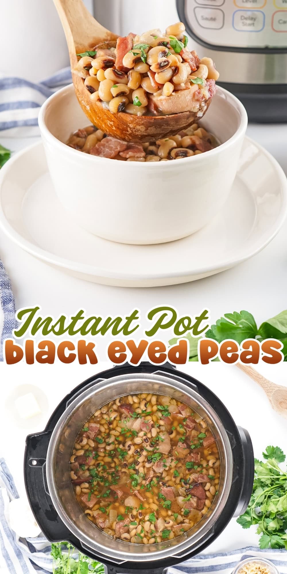 Bowl and pot of Instant Pot black eyed peas garnished with herbs.