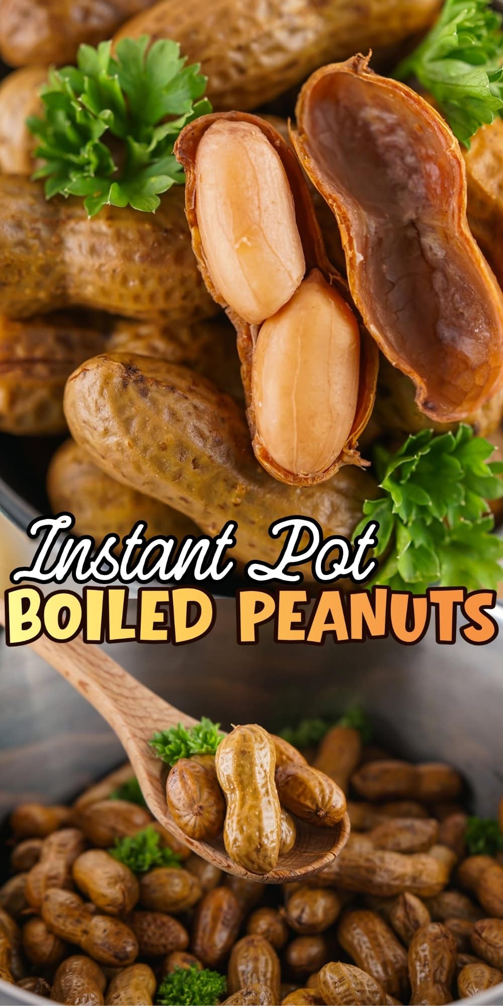 Boiled peanuts in shells, some split open, with parsley and wooden spoon.