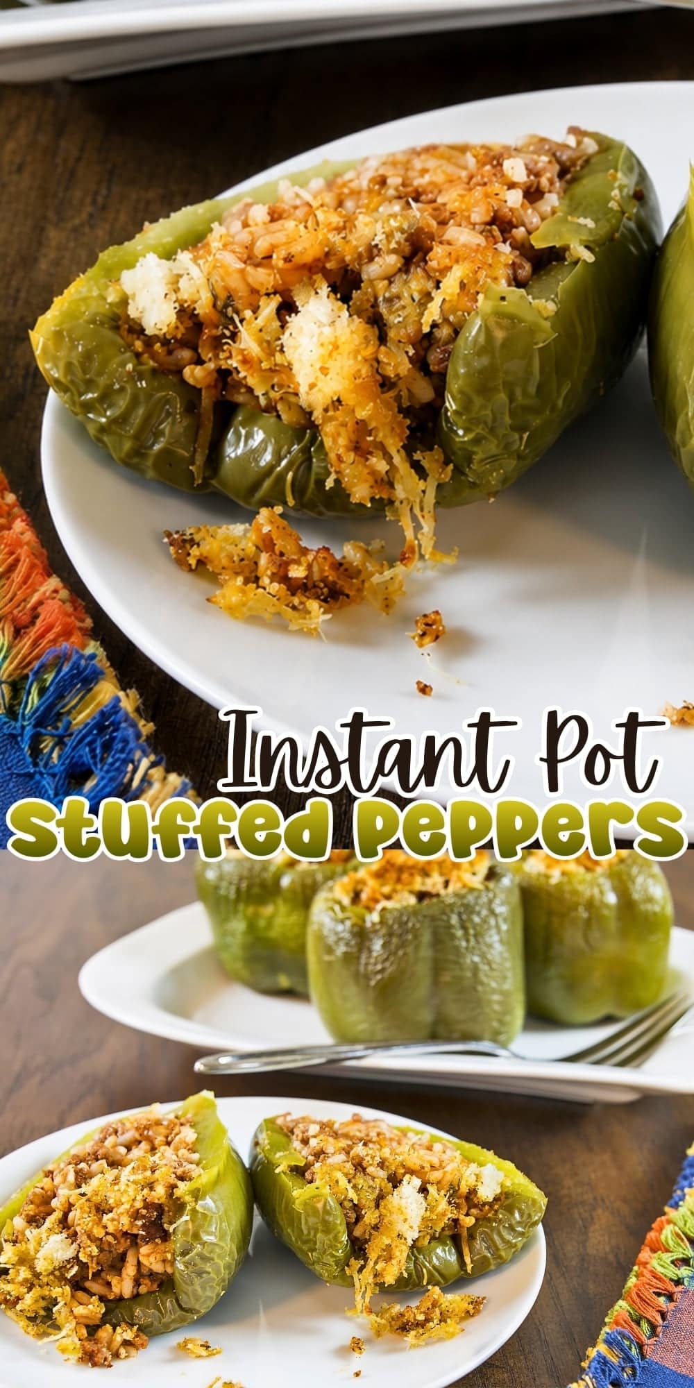 Stuffed green peppers filled with rice and breadcrumbs on a white plate.
