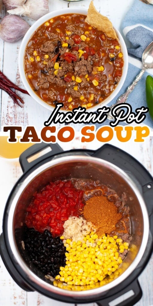 Taco soup in a bowl and uncooked ingredients in an Instant Pot.