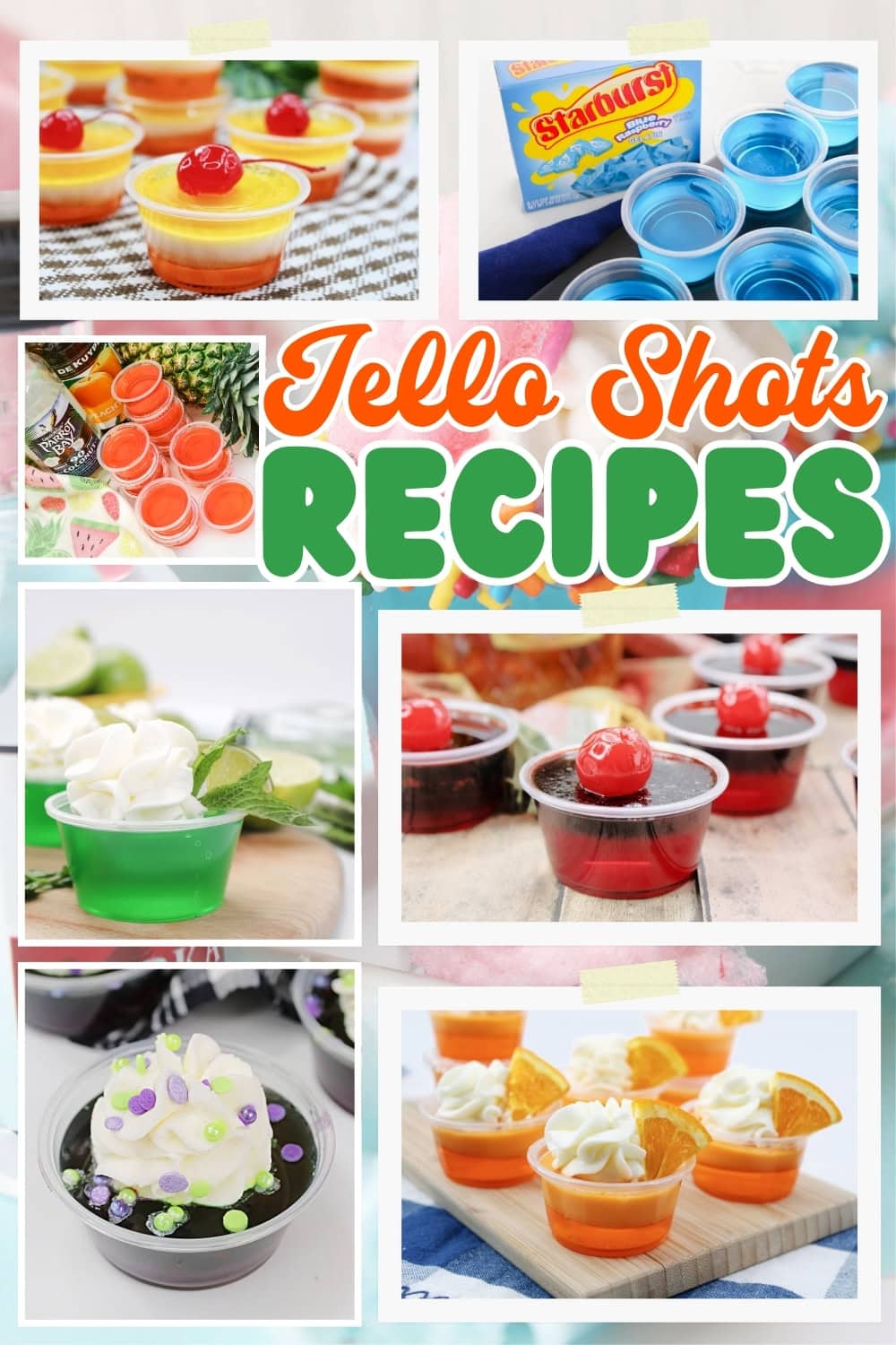 Colorful jello shots in cups with fruit and whipped cream toppings.