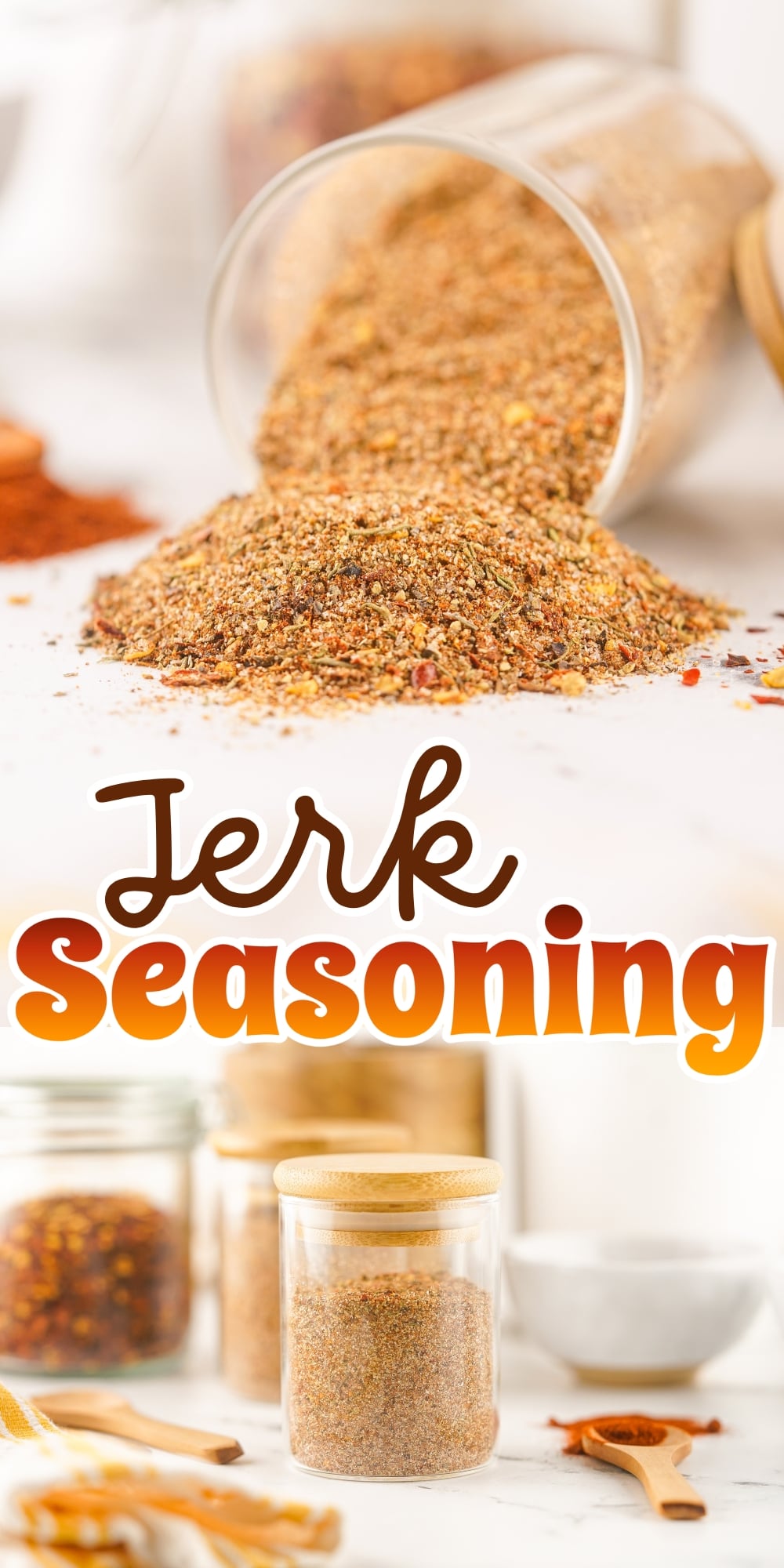 Jars and piles of jerk seasoning with wooden utensils on a white surface.