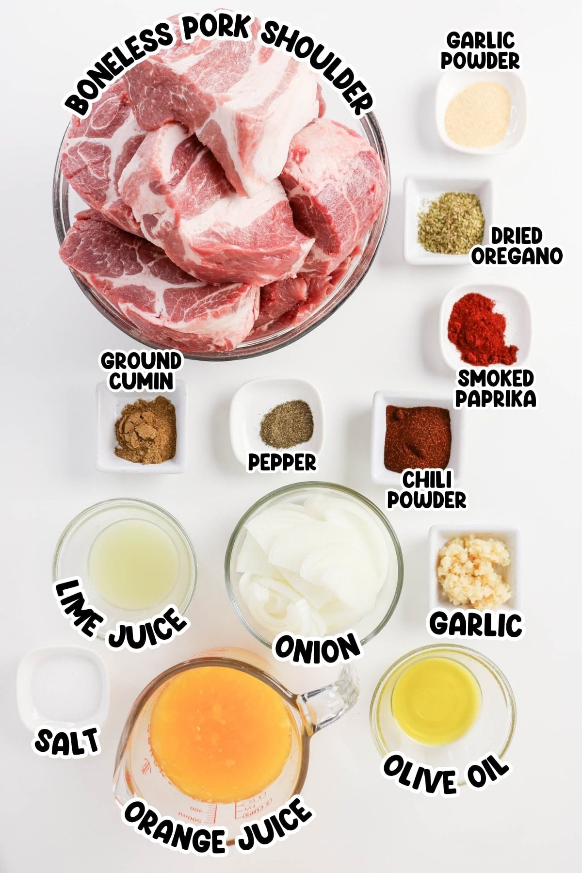 Raw pork, orange juice, spices, onion, garlic, lime juice, oil, and salt.