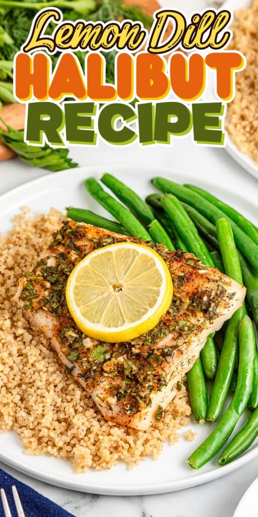 Baked halibut with lemon on couscous, green beans on a white plate.