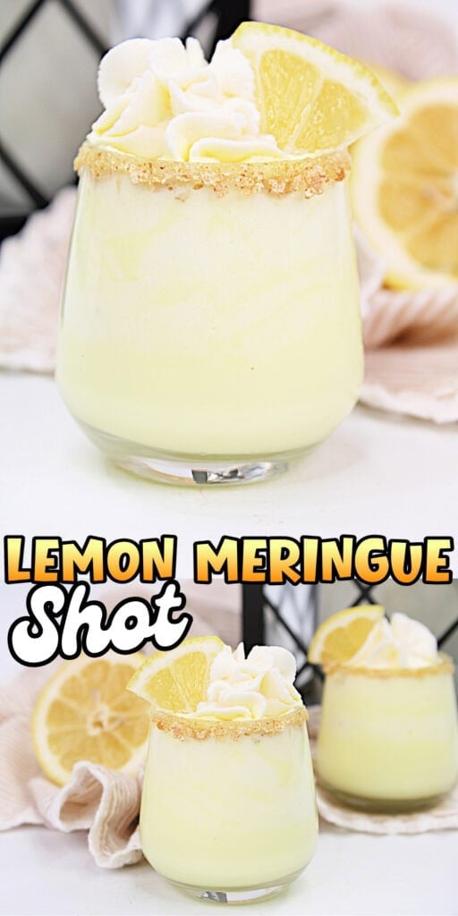 Yellow lemon meringue shots topped with whipped cream and lemon slices.