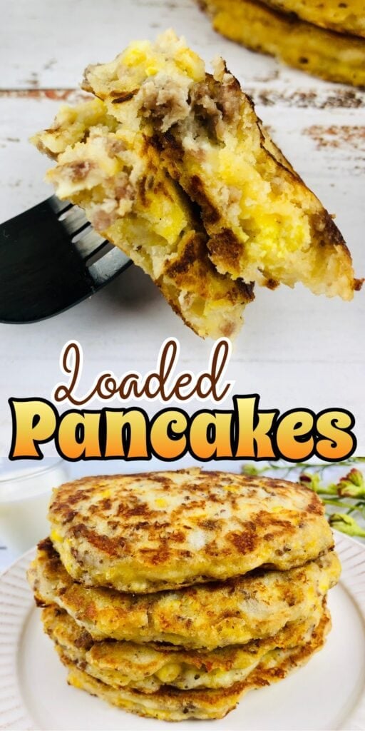 Loaded pancakes on a plate.