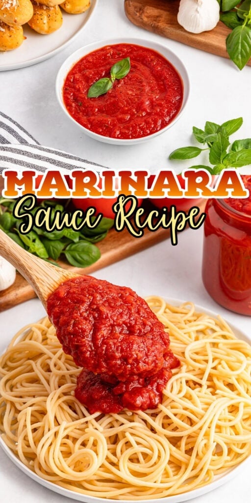A spoon pours marinara sauce on spaghetti.