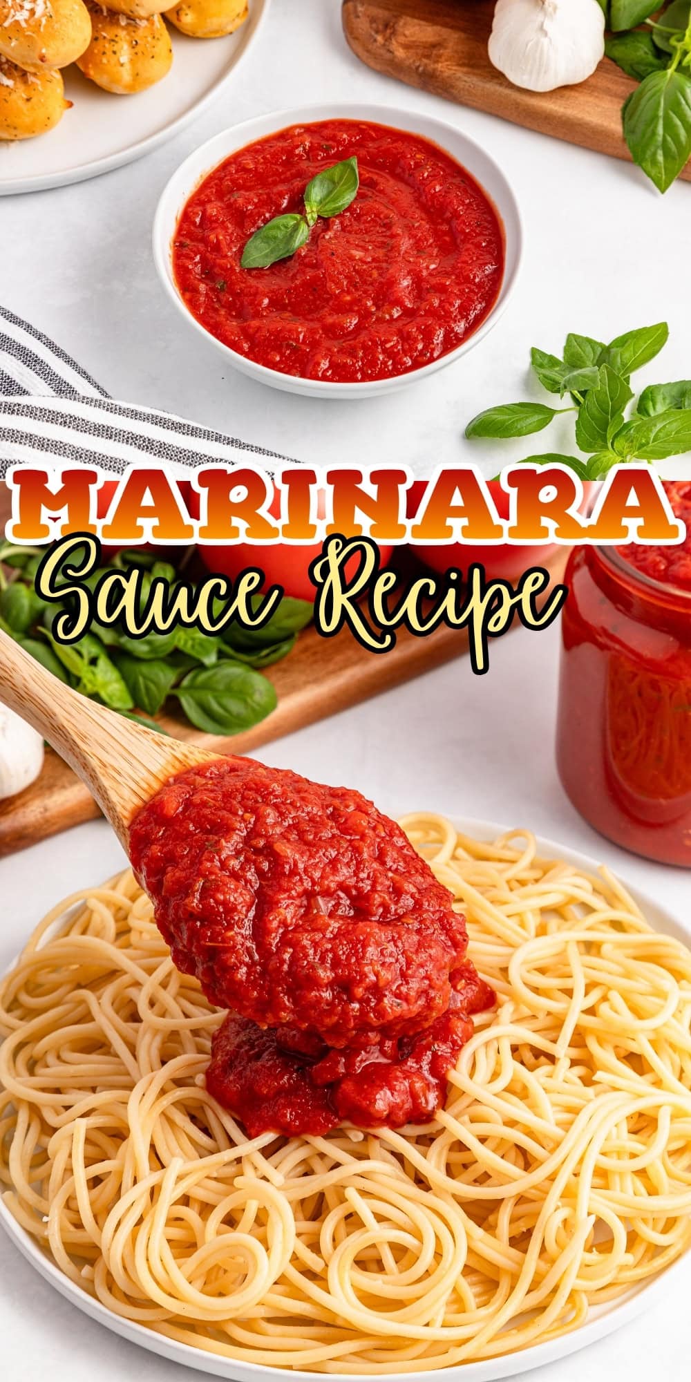 A spoon pours marinara sauce on spaghetti.