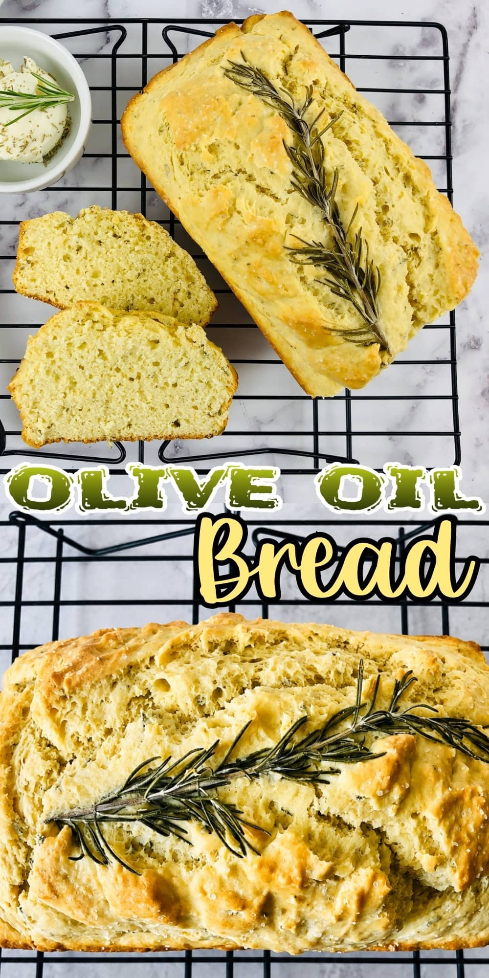 Loaf of olive oil bread with rosemary on a cooling rack, slices shown.
