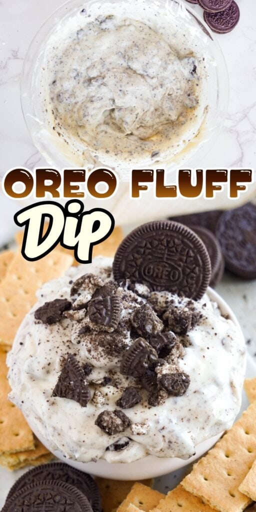 Bowl of Oreo fluff dip topped with crushed Oreos and whole Oreo cookies.