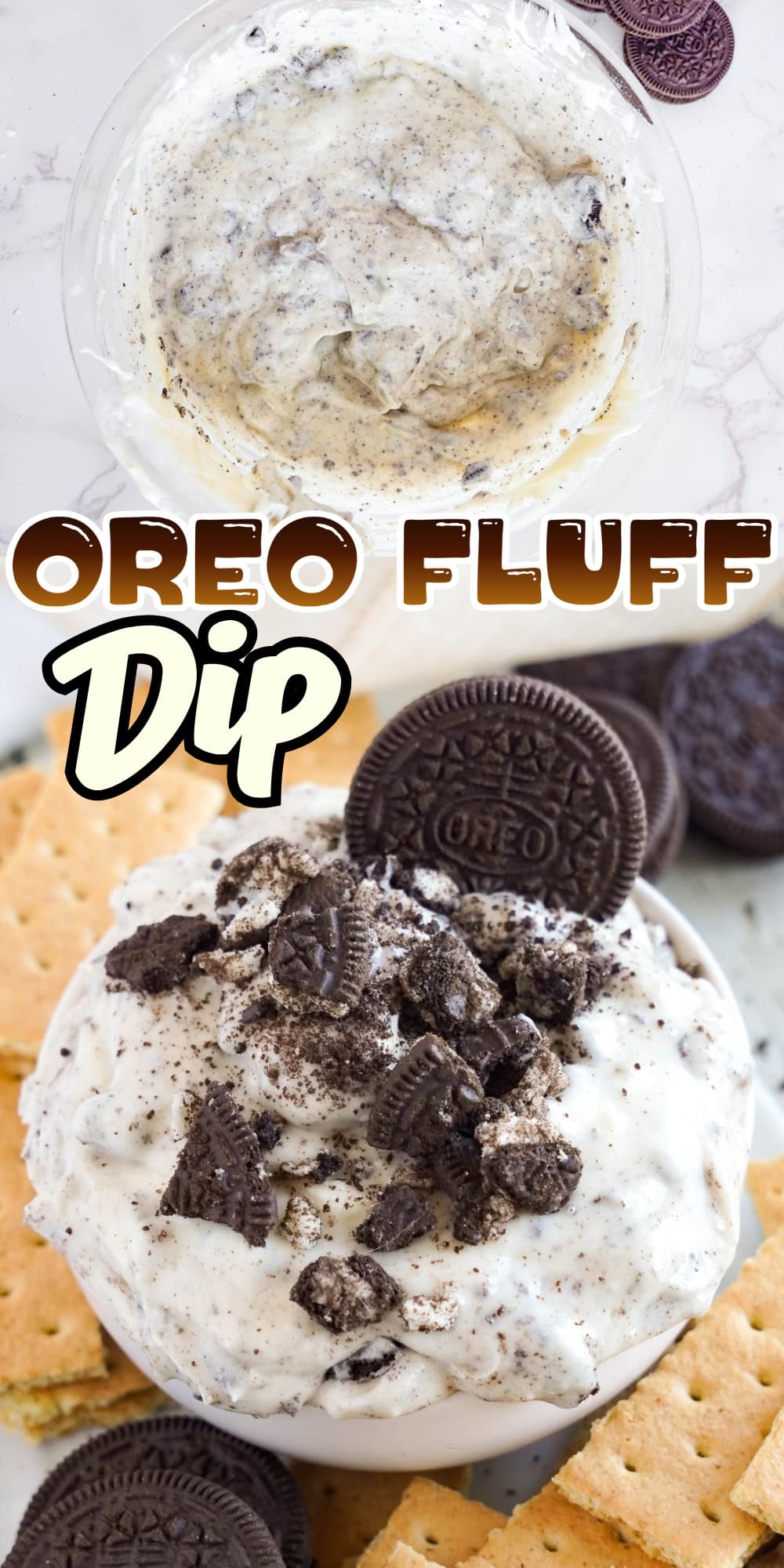 Bowl of Oreo fluff dip topped with crushed Oreos and whole Oreo cookies.
