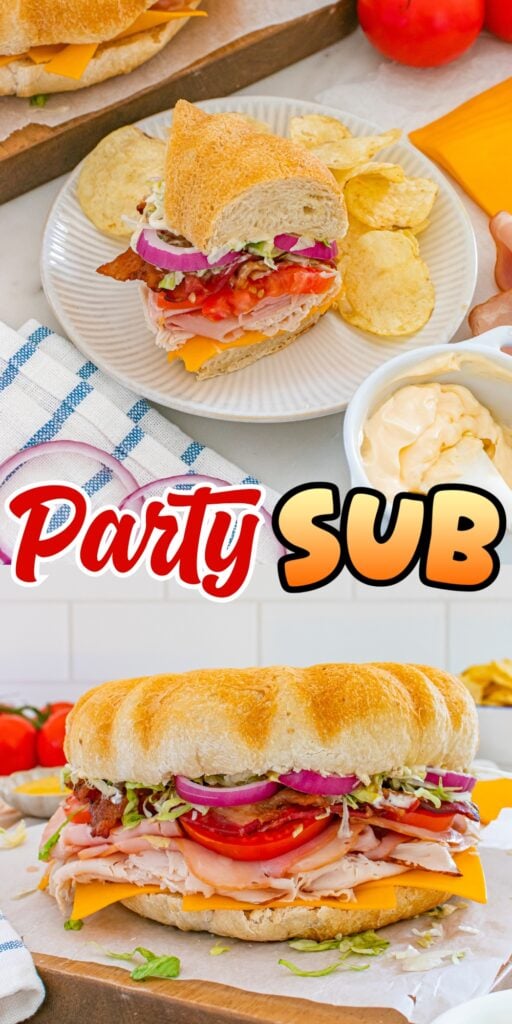 Party subs with turkey, bacon, cheese, veggies, chips, and condiments.