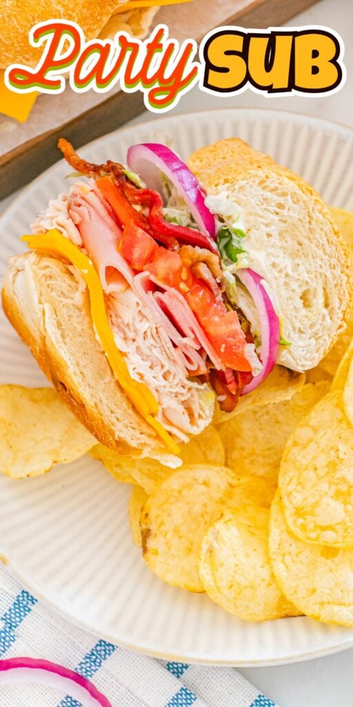 Party sub with ham, turkey, cheese, bacon, veggies. Served with chips.