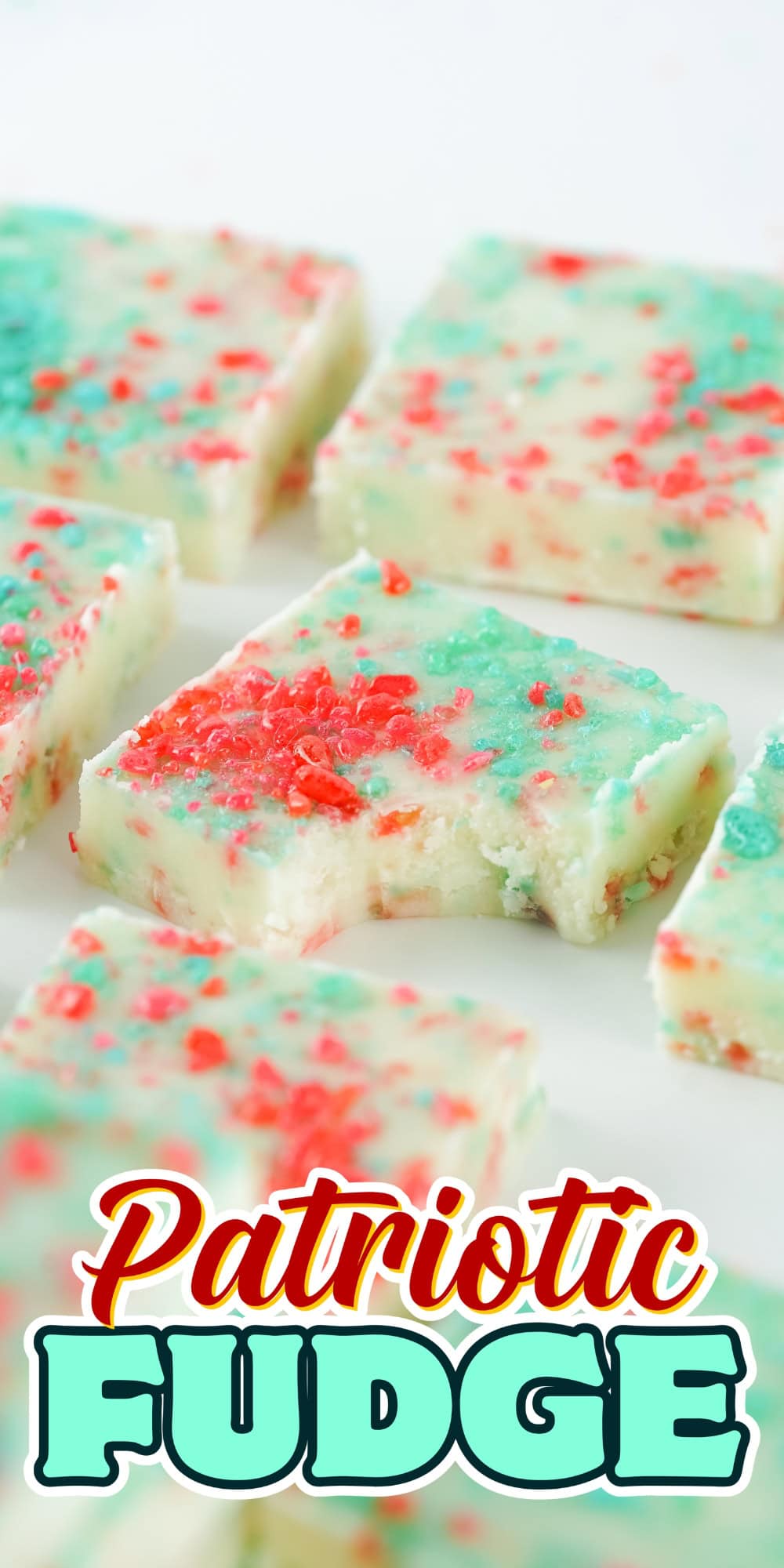 Squares of white fudge with red and blue sprinkles.