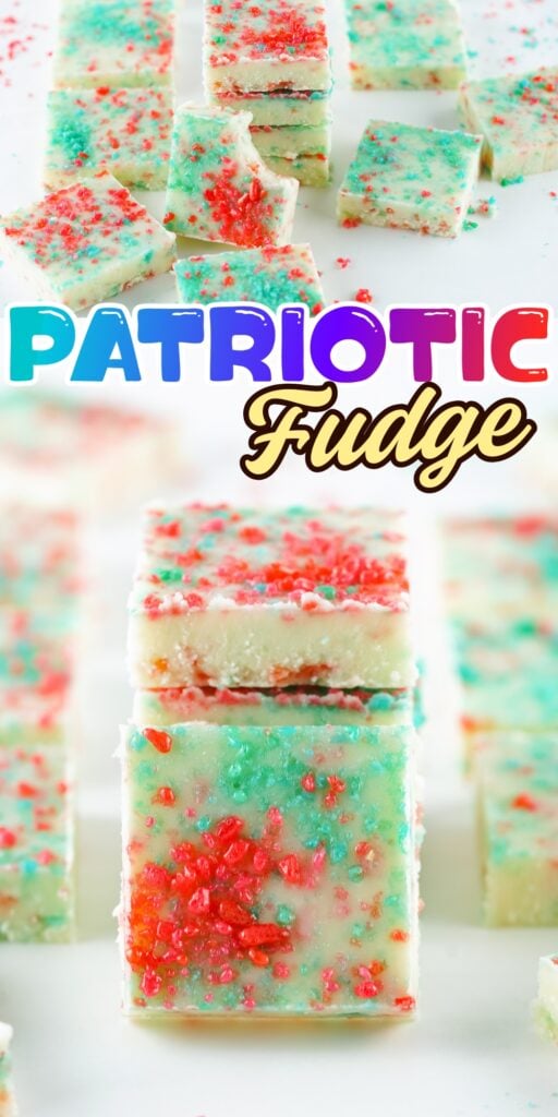 White fudge topped with red and blue sprinkles.