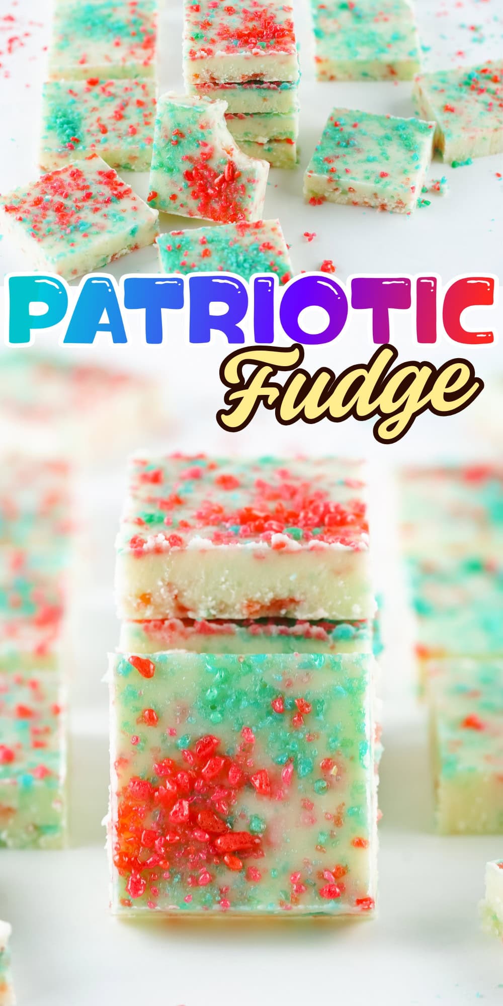White fudge topped with red and blue sprinkles.