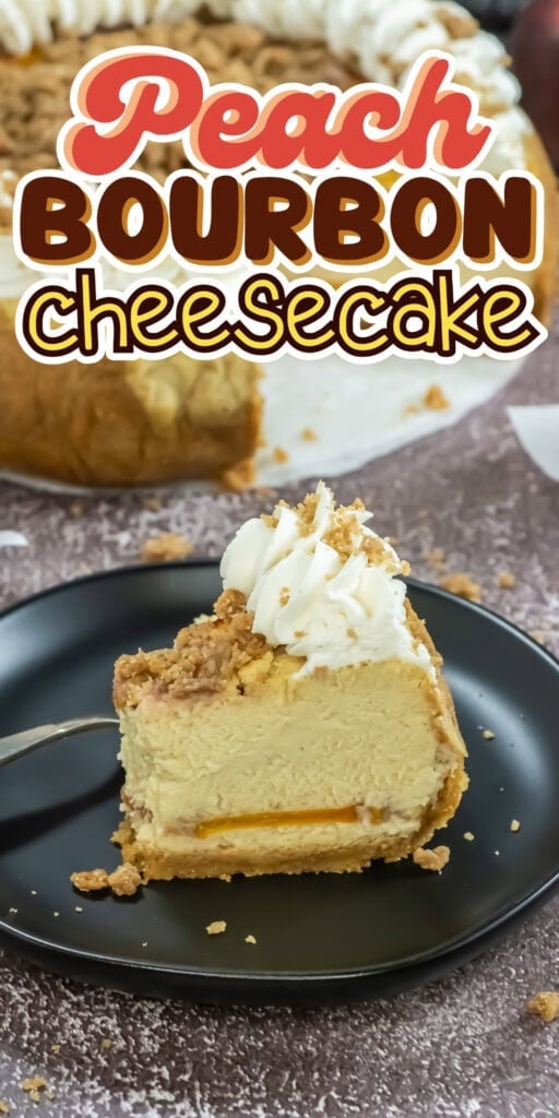 A slice of peach bourbon cheesecake on a black plate with whipped cream.